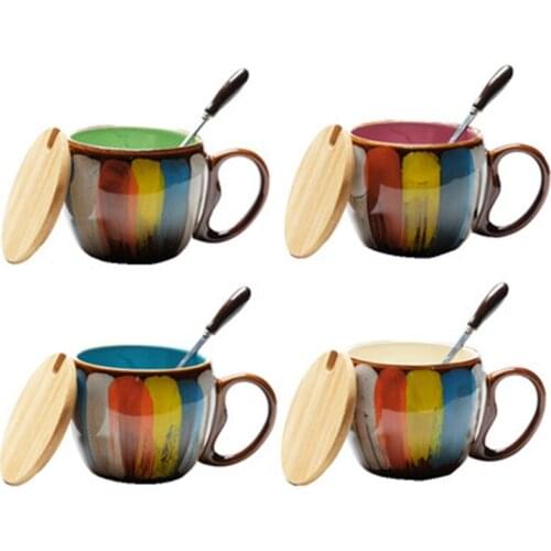 Art Painted Coffee Cup Creative Environmental Protection Ceramic Handmade Milk Cup With Spoon