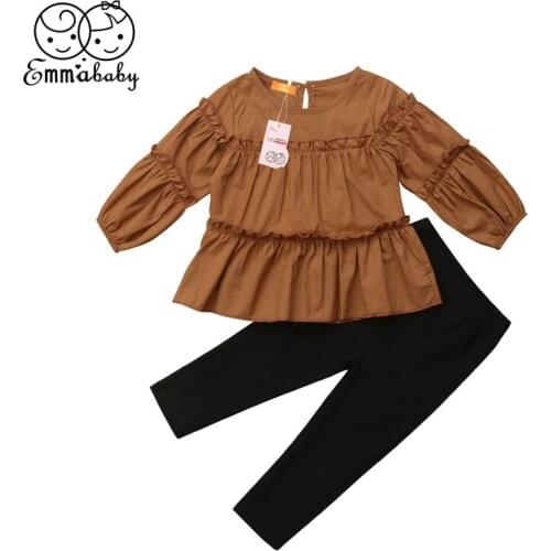 Autumn Girl Clothes Set 2Pcs 1-6T Toddler Kid Baby Ruffle Pleated T-shirt Top Blouse Skinny Legging Panties Pants Outfit