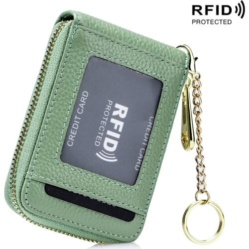 Safe Guarantee RFID Blocking Organizer Zipper Genuine Leather Women Credit Card Holder Keychain Wallet