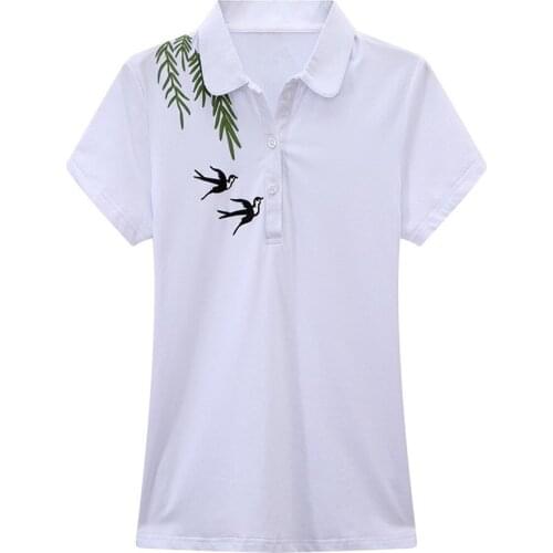 DANCING WINGS Summer Short Sleeve Vintage Embroidery Casual Loose Women Polo Shirt Cotton