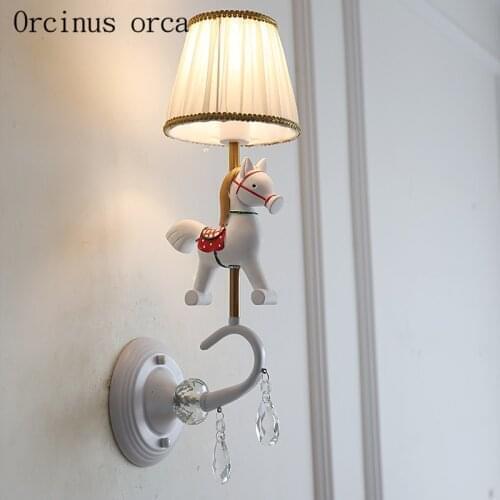 Cartoon creative merry go round wall lamp corridor Boy Girl Bedroom bedside lamp American garden horse crystal wall lamp