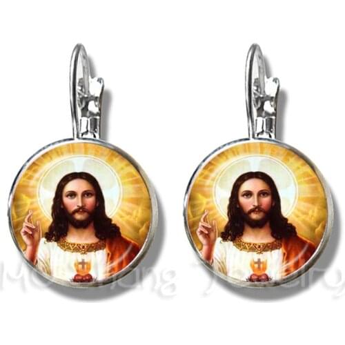 New Style Blessed Virgin Mary Mother Of Baby Earrings Jesus Christian Catholic Religious Glass Jesus Stud Earrings For Gift