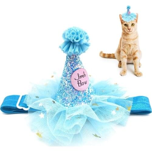 Pet Birthday Hat Tulle Glitter Birthday Cone Pet Headband Headwear For Dogs Cats Party Dress Up Hair Accessories Blue Pink Red