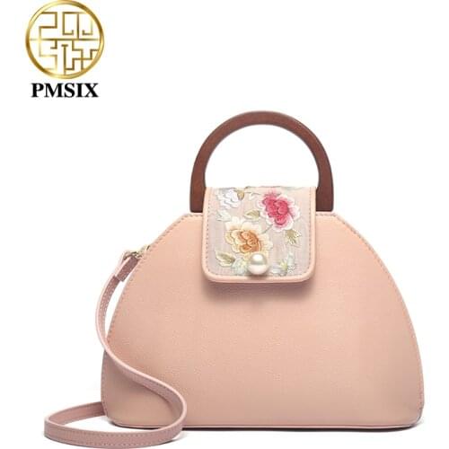 PMSIX Simple Genuine Leather Women Handbag Embroidery Ladies Shoulder Bag Elegant Womens Crossbody Bags 2020