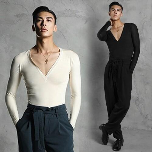 Latin Dance Costume Mens Salsa Dancing Tops Modal Practice Clothing Ballroom Shirt Samba Cha Cha Performance V Neck Tops BL5070