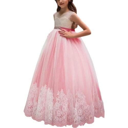 Pink flower girls party dresses champagne kids ball gowns beaded sash vestido fiesta nina purple little girls dress