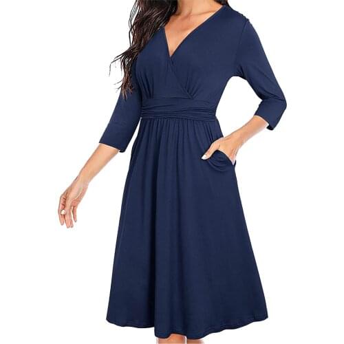 Spring Women Dress Fashion Office Lady Bohemia Solid Color A-Line Three-quarter Long Sleeve Casual V-Neck Knee-Length Dress