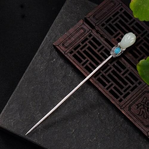925 Sterling Silver Hair Stick Jade Turquoise Ancient Chinese Hair Accessory Sticks Women Jewelry Fine Luxury Natural Stone