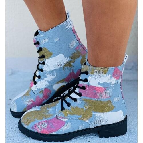 2021 Zebra Pattern Platform Boots Women Round Toe Chunky Heel Ankle Boots for Women Lace up Cross-tied Martin Boots Women