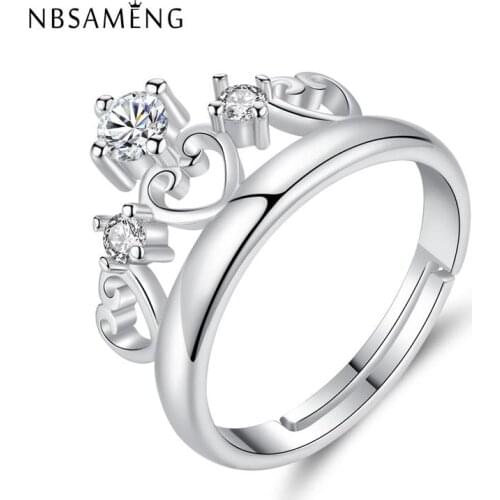 New Authentic 100% 925 Sterling Silver Royal Queen Crown Open Rings For Women Laydy Adjustable Crystal Jewelry Gift