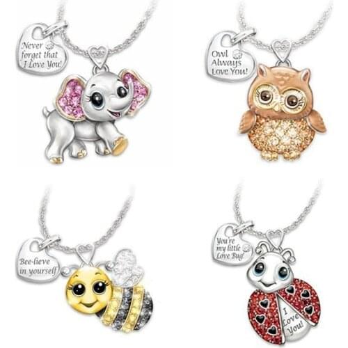 New Fashion Elephant Bee Ladybug Owl Pendant Necklace For Women Girl Animal Heart Necklaces Owl Always Love You