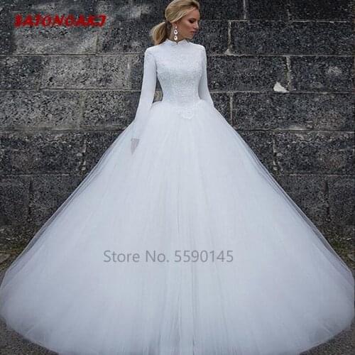 2020 Muslim Wedding Dress for Women High Neckline Tulle Appliques Lace Zipper Back Princesa Vestido De Novia Mariage Online Shop