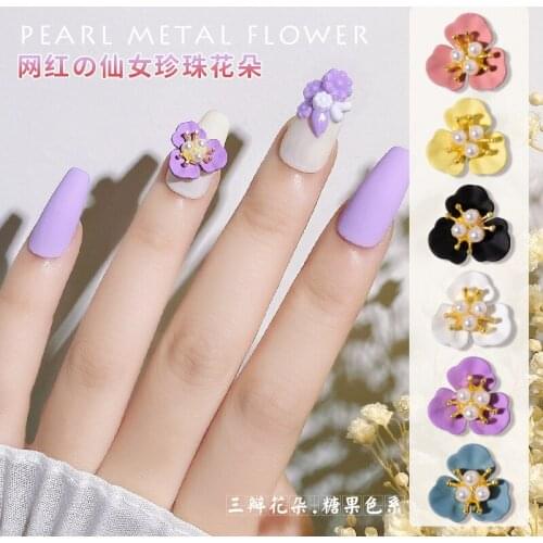 10Pcs 12X11.5MM new Nail Pearls Charm 3-petals blossom pearl jewelry Spray paint metal Rhinestone 3D Flowers | Nail Charm