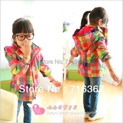 Free Shipping- kids/girls topolino hooded water resistance jacket w/ fleece lining, rainbow plaid Trench coat (MOQ: 1pc)