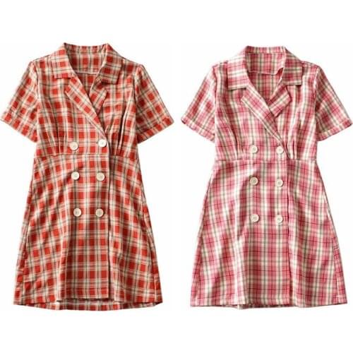 Hyun-a Kim double-breasted plaid dress Korean version of summer new lapel retro high waist skirt tide DLQZ2040