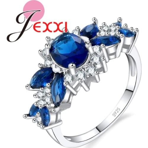 Elegant Blue Flower CZ Crystal Finger Rings 925 Sterling Silver Symmetrical Jewelry for Women Wedding Gift