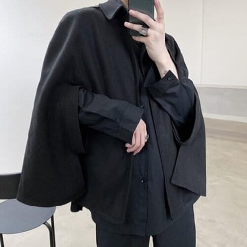 Autumn Winter Yamamoto Dark Niche Design Short Cape trench coat male Wool Cape concave shape bat sleeve jacket