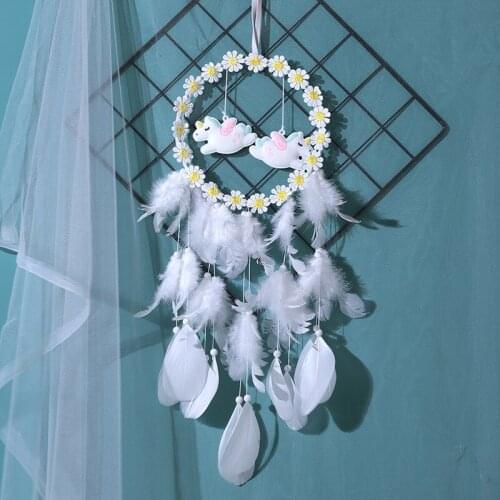 Dream Catcher Handmade Traditional Pure White Feather With Unicorn Design Wind Chime Wall Hanging Home Kids Bedroom Decoration