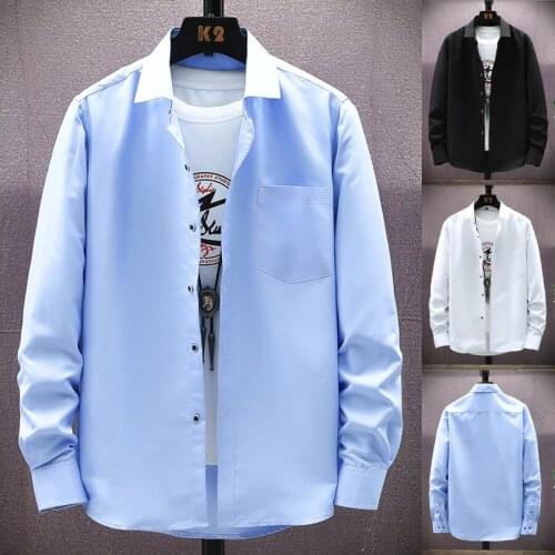2021 New Arrival Autumn Spring Mens Lapel Solid Casual Shirts Long Sleeve Male Business Leisure Tooling Dress Button-down Shirts