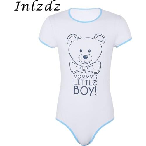 Mens Erotic Lingerie Bodysuit Romper Pajamas Round Neck Press Button Crotch Front Printed Adult Baby Diaper Lovers Sexy Bodysuit