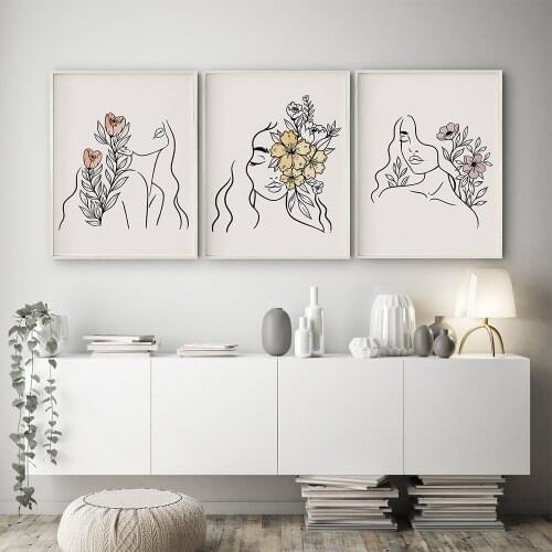 Boho Abstract Woman Face Line Flower Wall Art Canvas Painting Nordic Posters and Prints Wall Pictures for Living Home Decoration