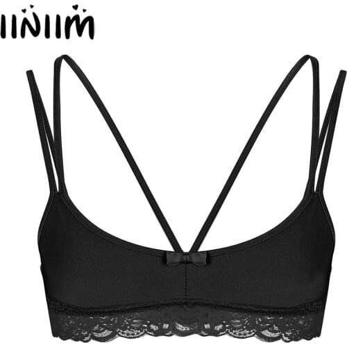 Iiniim Mens Sissy Tank Lingerie Nightwear Gay Male Spaghetti Sexy Underwear Slip Hommes Wire-free Lace Hem Strappy Bra Top