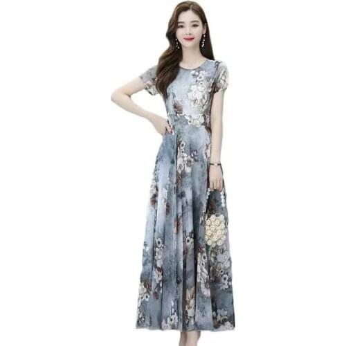 2021Womens Summer Dress Elegant Floral Big Swing Dress Female Short Sleeve Printing Imitation Ice Silk Dresses Beach Long Skirt
