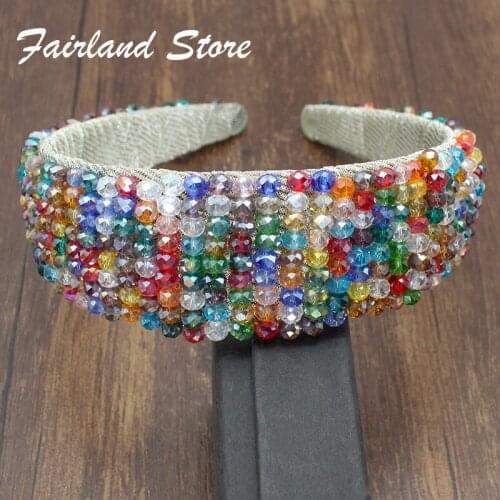 Fairland Luxury Handmade Colorful Full Crystal Beaded Baroque Crown Rhinestone Hair Accessories Headband For Women Wedding Party