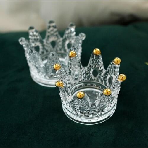 Light Luxury Glass Crown Jewelry Plate Drawing Gold Small Candlestick Mini Ashtray Jewelry Storage Glass Small Ornaments