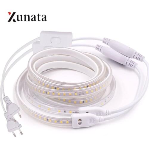 220V LED Strip Light High Bright SMD2835 60LEDs/M 120LEDs/M Flexible LED Tape with EU Switch Plug Waterproof LED Ribbon Decor