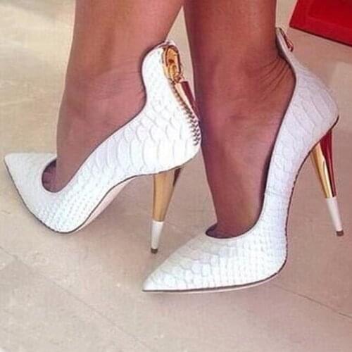 Sexy Python Grain Pointed toe Pumps Women Back Metal Zip Pedant Gold Spike Heels Shoes Women Street Outfit Dress High Heels