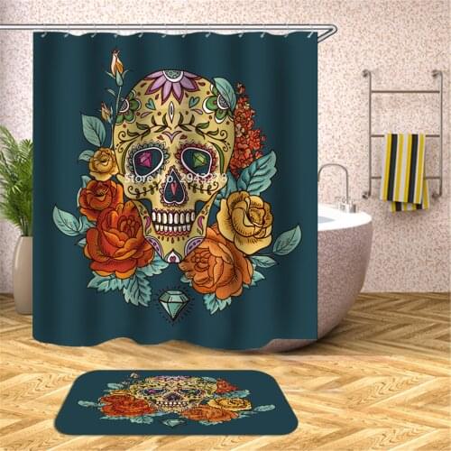 Skull Head Flame Rose Series Pattern Waterproof and Mildewproof Washable Shower Curtain with Hook Home Bathroom Decoration