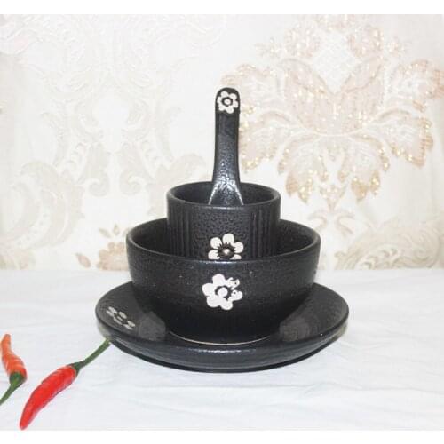 Japanese style handmade color tableware ceramic rice bowl dish cup plate spoon set hotel porcelain sakura cherry 4pcs/set