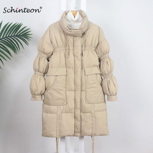 Schinteon Women White Duck Down Long Jacket Casual Drawstring Loose Over Size Winter Warm Thick Outwear Stand Collar Coat New