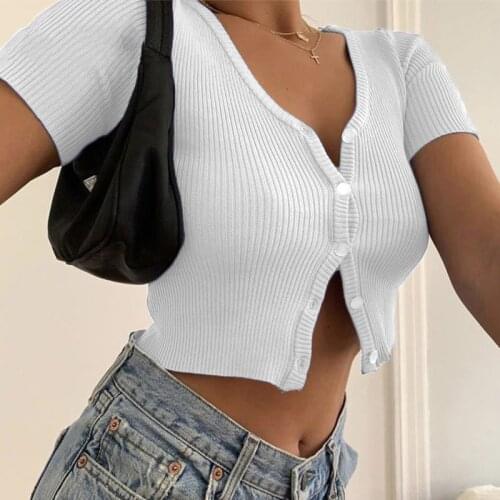 Woman Short Sleeve T-shirt Sexy Fashion Pure Color Buckle Vertical Stripes Nightclub Bar Prom Seaside Clothing Cardigan