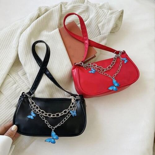 Fashion Butterfly Double Chain Underarm Bag Women Solid Color PU Leather Handbag New Collection All-match Subaxillary Tote