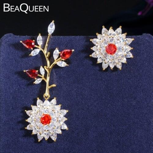 BeaQueen Delicate Gemoetric Orange Red Crystal Flower Drop Earrings Cubic Zircon Paved Asymmetric Plant Jewelry for Women E373
