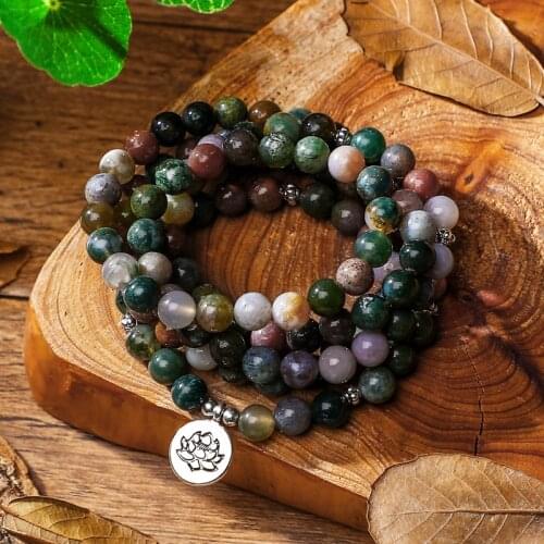 Natural Stone India Onyx With Lotus Om Buddha Charm Bracelet Dropshipping 108 Mala Prayer Meditation Womens Yoga Jewelry