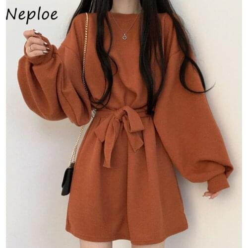 Neploe O- Neck Loose Knitting Vestidos Mujer 2021 New Autumn Banage Slim Waist Dress Female Lantern Long Sleeve Knitted Robe