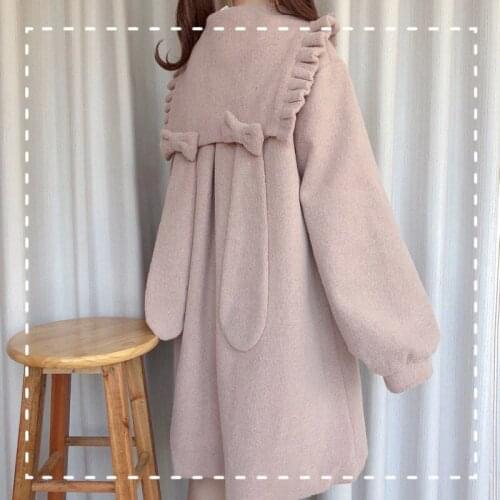 Japanese Winter Lolita Coat Women 2021 Autumn New Kawaii Rabbit Ears Navy Collar Long Jacket Soft Girl Cute Woolen Coat Overcoat