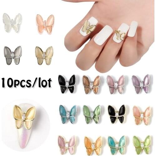 10Pcs/Bag Candy Color Butterfly Nail Jewelry Gold/Silver 3D Solid Cat Eye Stone Butterflies DIY Nail Art Decorations Accessories