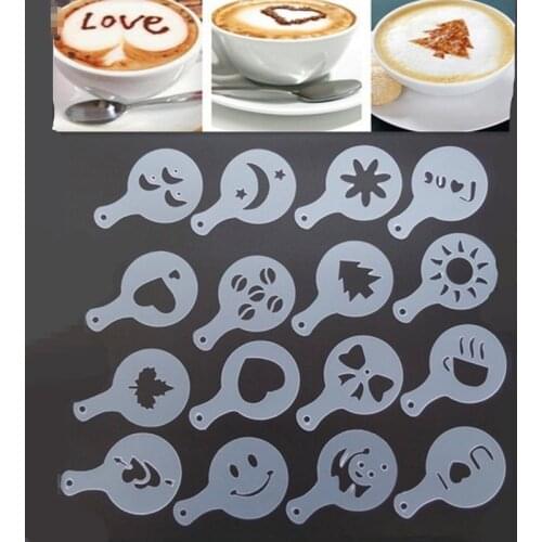 16pcs Coffee Stencil Filter Coffee Maker Cappuccino Coffee Barista Mold Templates Strew Flowers Pad Spray Art Coffee Tools