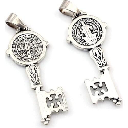 50pcs Zinc Alloy Saint Benedict Medal Cross Smqlivb Key Dangle Charm Beads Handmade DIY Jewelry 16.5x52mm A-580a