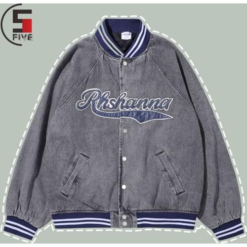 Hip Hop Embroidery Baseball Jacket Mens Women Water Wash Retro Denim Harajuku Jackets Winter Varsity Thicken Bomber Coat Unisex