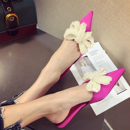 Large bow-knot real silk lazy mules slippers summer women closed toe bowtie slides luxury beading flats beach flip flops shoes