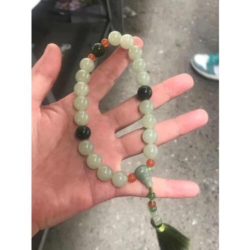 Natural hetian green jade bracelet unique jadite jade bangle rosary with tassel men women prayer jade jewelry christmas bracelet