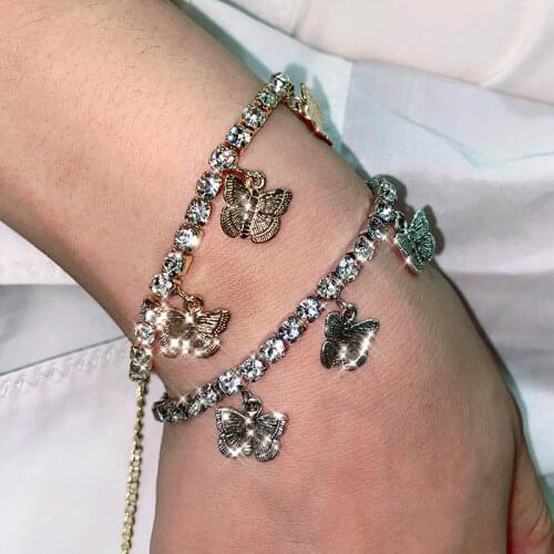 Shiny Crystal Cherry Star Butterfly Bracelet Anklet For Women Gold Silver Color Animal Charms Tennis Chain Jewelry 2020 Gifts