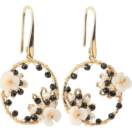 CSJA Trendy Natural Stone Beads Round Earrings for Women 2021 Golden Wire Wrap Flower Pearl Earring Luxury Handmade Jewelry G736