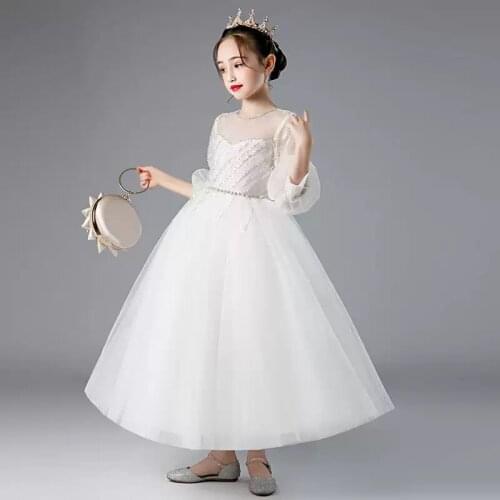 Flower Girl Dresses Three Quarter Illusion O-Neck Beading Crystal Sequined Princess Floor-Length Tulle Lace Kids Party Gown H417