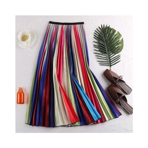 HOT SELLING MiyakeRetro wild high waist slim pleated Color stripe pleated skirt IN STOCK
